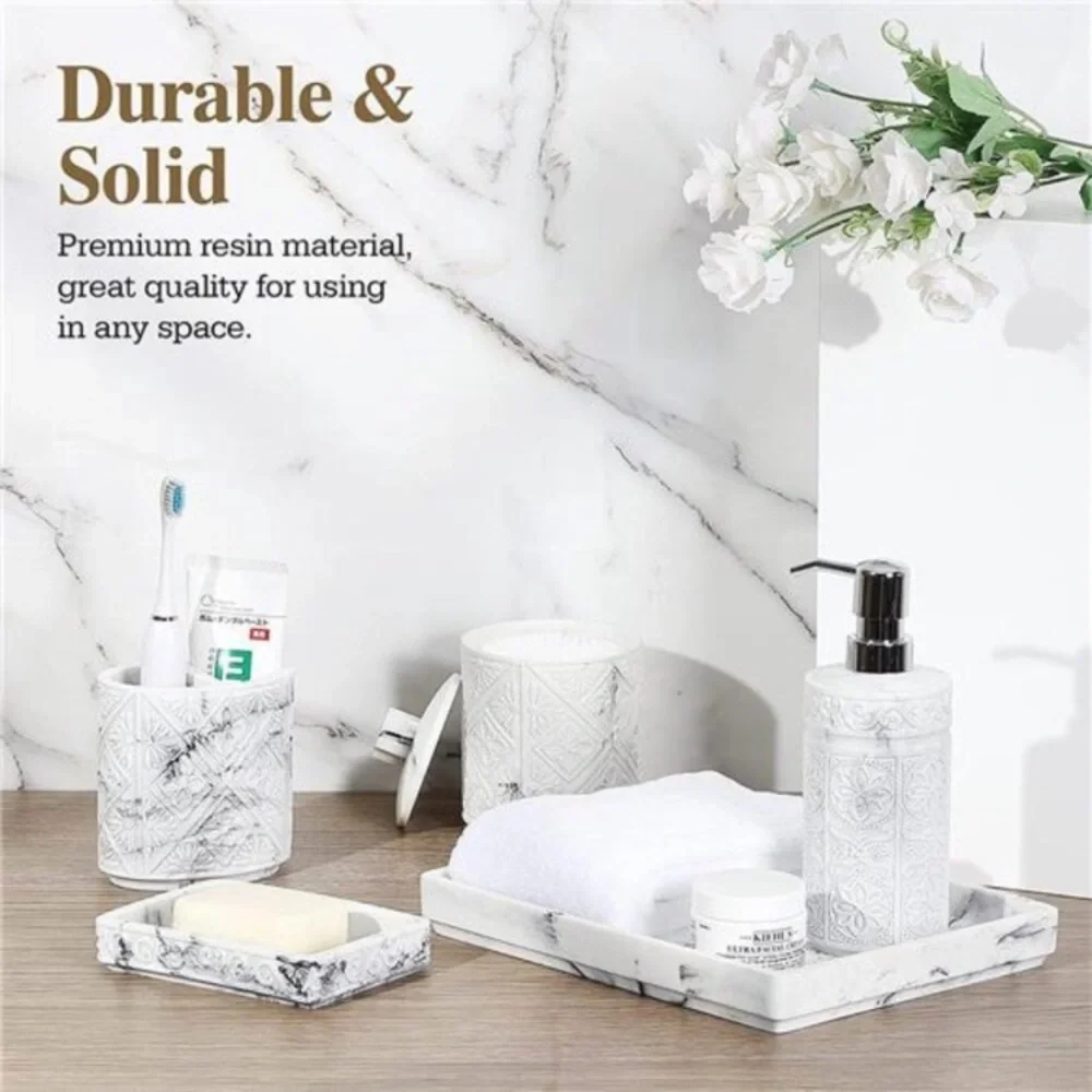 Bathroom Accessory Sets 5 Pcs, 3D Resin Vanity Tray, White